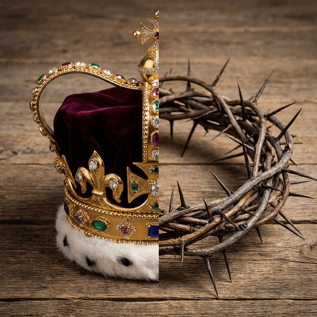 Split image of a royal crown and a crown of thorns on a wooden surface.