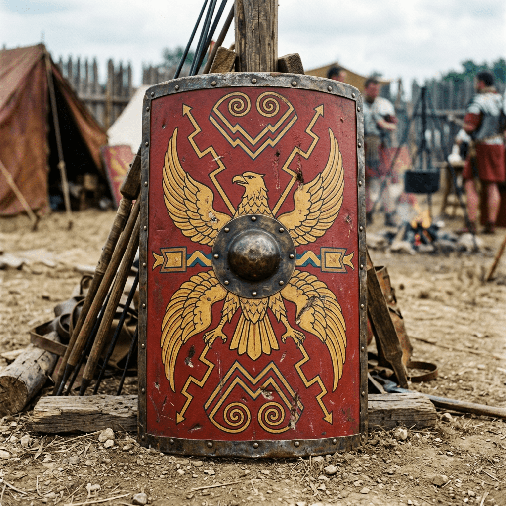 Red Roman shield with golden eagle and lightning bolt motifs, set against a camp background.