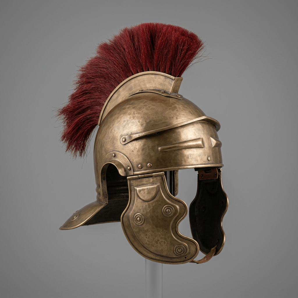 Bronze Roman cavalry helmet with red plume and cheek guards