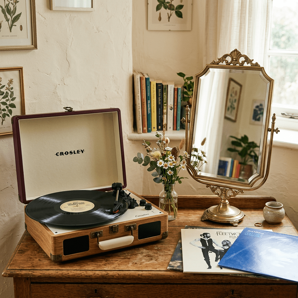 Crosley record player playing vinyl next to a vintage mirror and flowers on wooden table