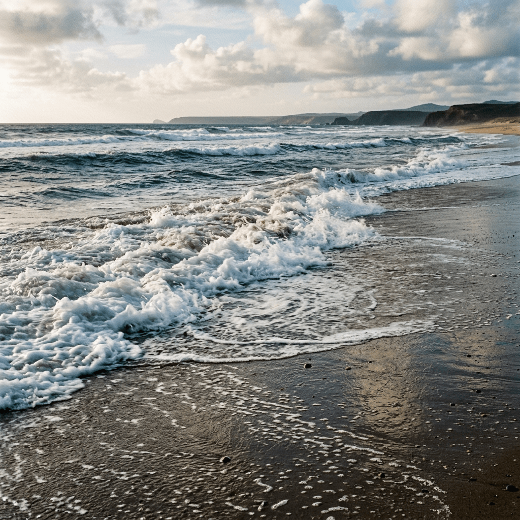 Foamy ocean waves reaching sandy beach with distant cliffs under a partly cloudy sky